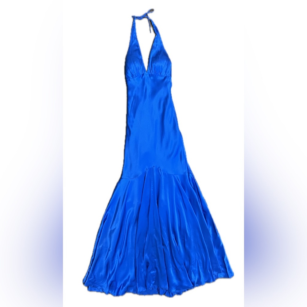 Cache Vintage Royal Blue V-Neck Silk Evening Floor Length Dress 4 Four Y2K - Picture 5 of 11